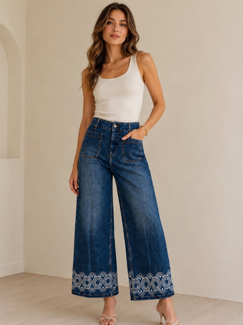 BAGATELLE High-Rise Wide-Leg Embroidered Hem Jeans - Blue